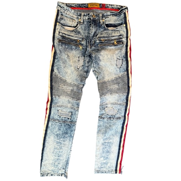 Biker Moto Jeans Makobi Skinny Distressed Light 90’s Wash Denim 32X32 Streetwear - Picture 1 of 13